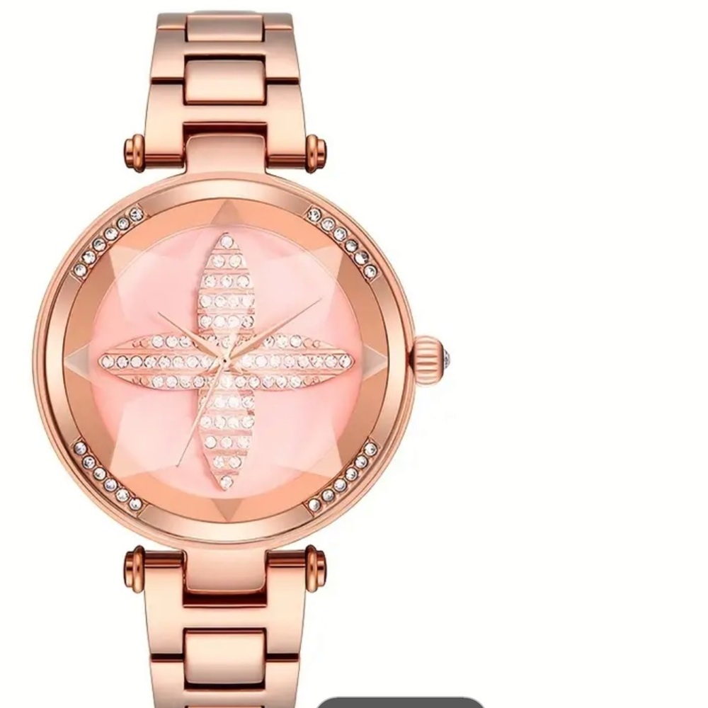 Rose Gold Quartz Watch with Sparkling 3D Four-Leaf Clover & Rhinestone Dial